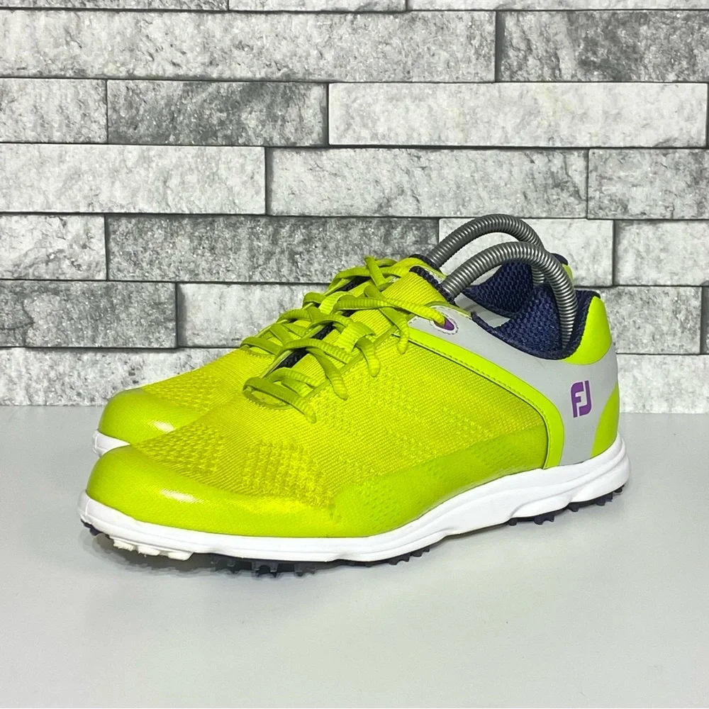 FootJoy Women's Neon Yellow Athletic Golf Shoe with Purple Logo